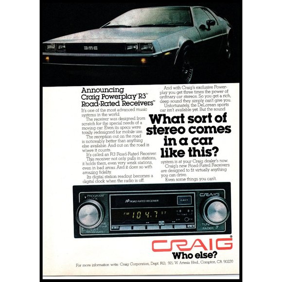 1978 Craig R3 Car Stereo Delorean Car Vintage Print Ad Back to the Future Photo - Picture 1 of 1